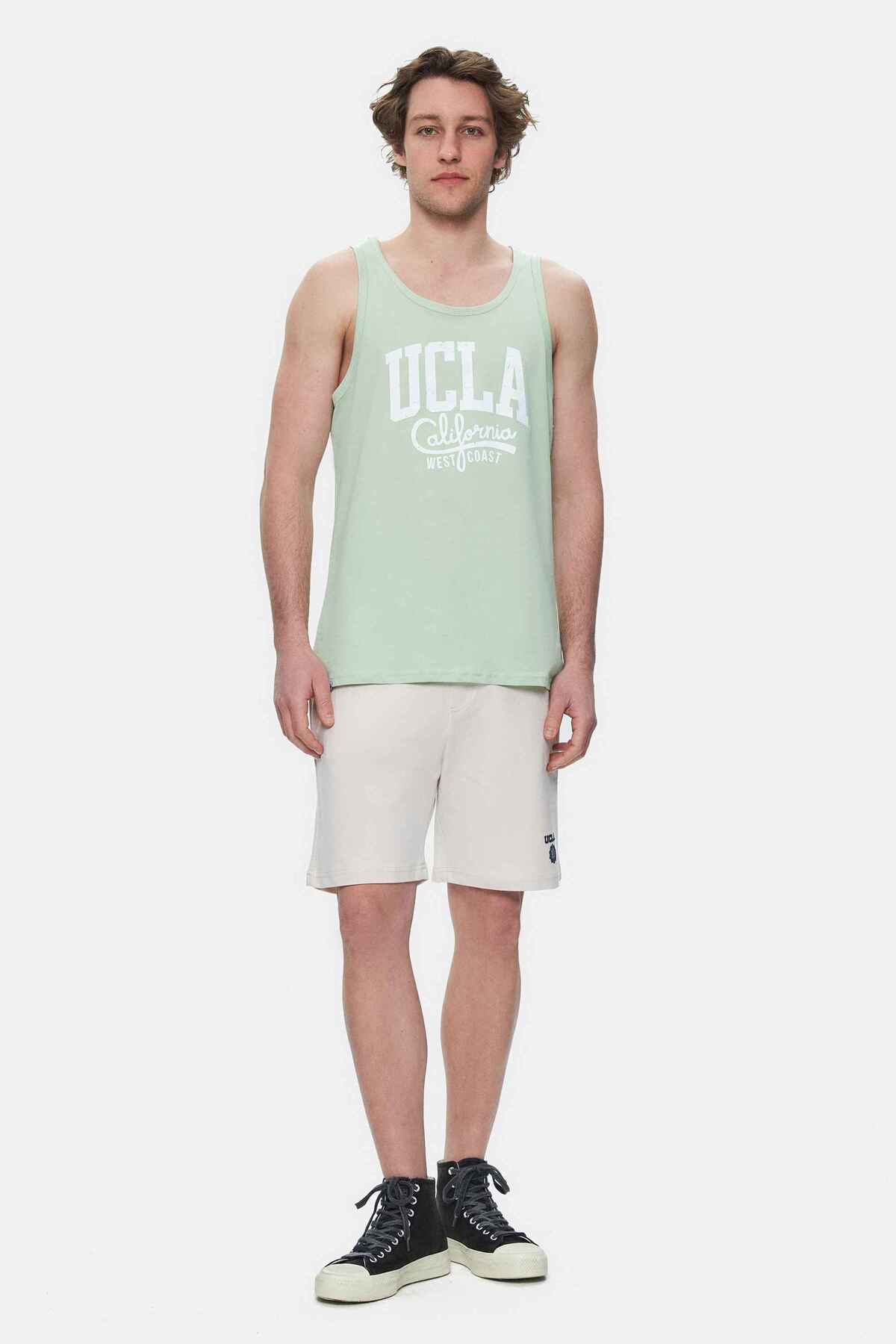 UCLA Tricou cu decolteu la baza gatului, imprimeu cu logo, regular fit, Verde inchis, PEBBLE