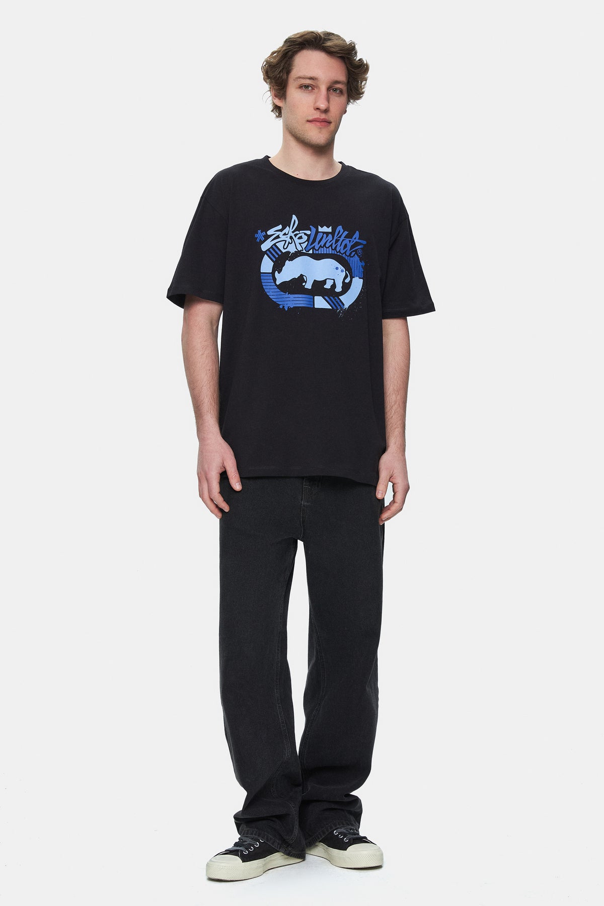 Ecko Unltd. Tricou cu decolteu la baza gatului, imprimeu cu logo, Negru-Alb, RHETT
