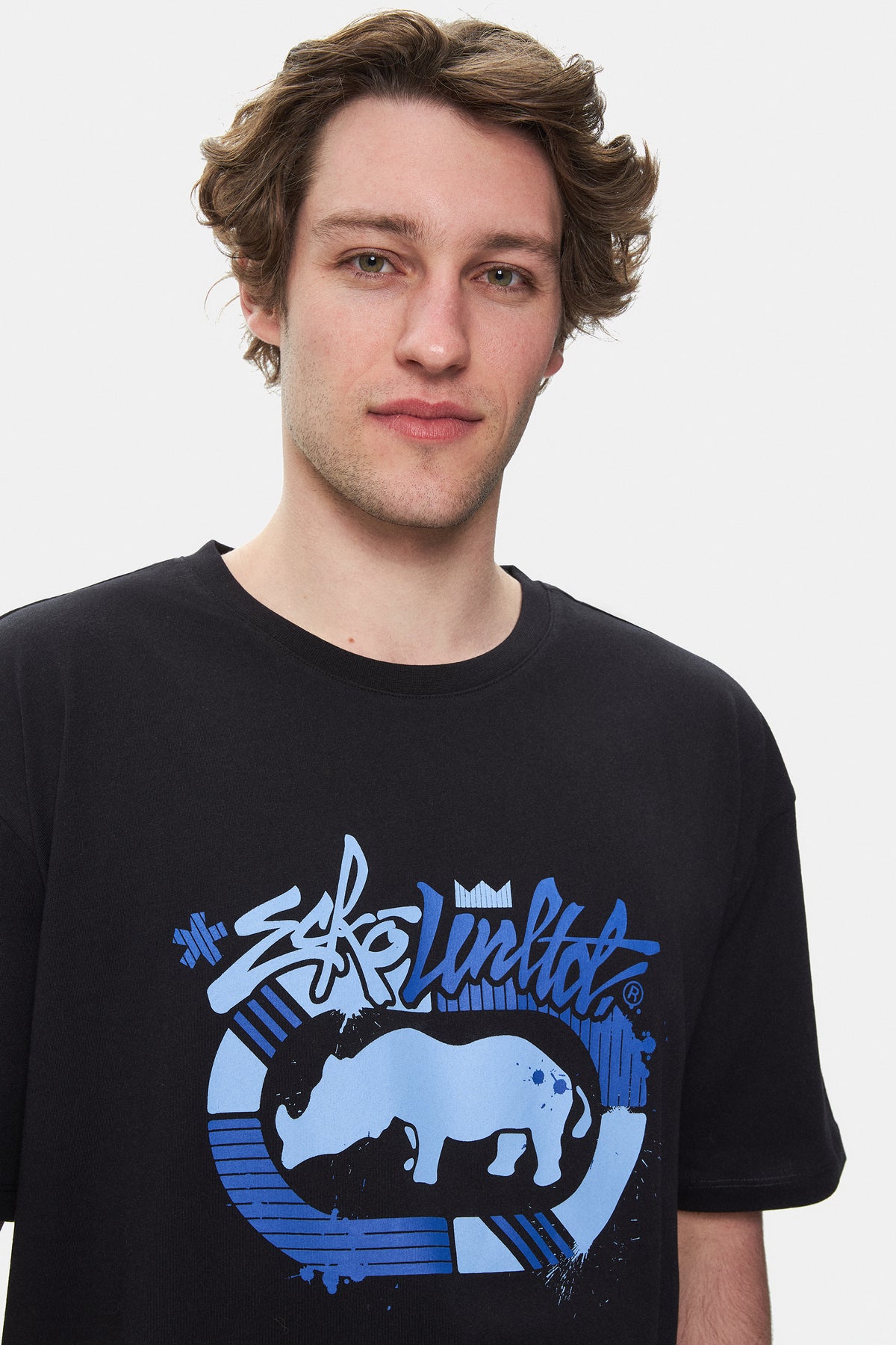 Ecko Unltd. Tricou cu decolteu la baza gatului, imprimeu cu logo, Negru-Alb, RHETT
