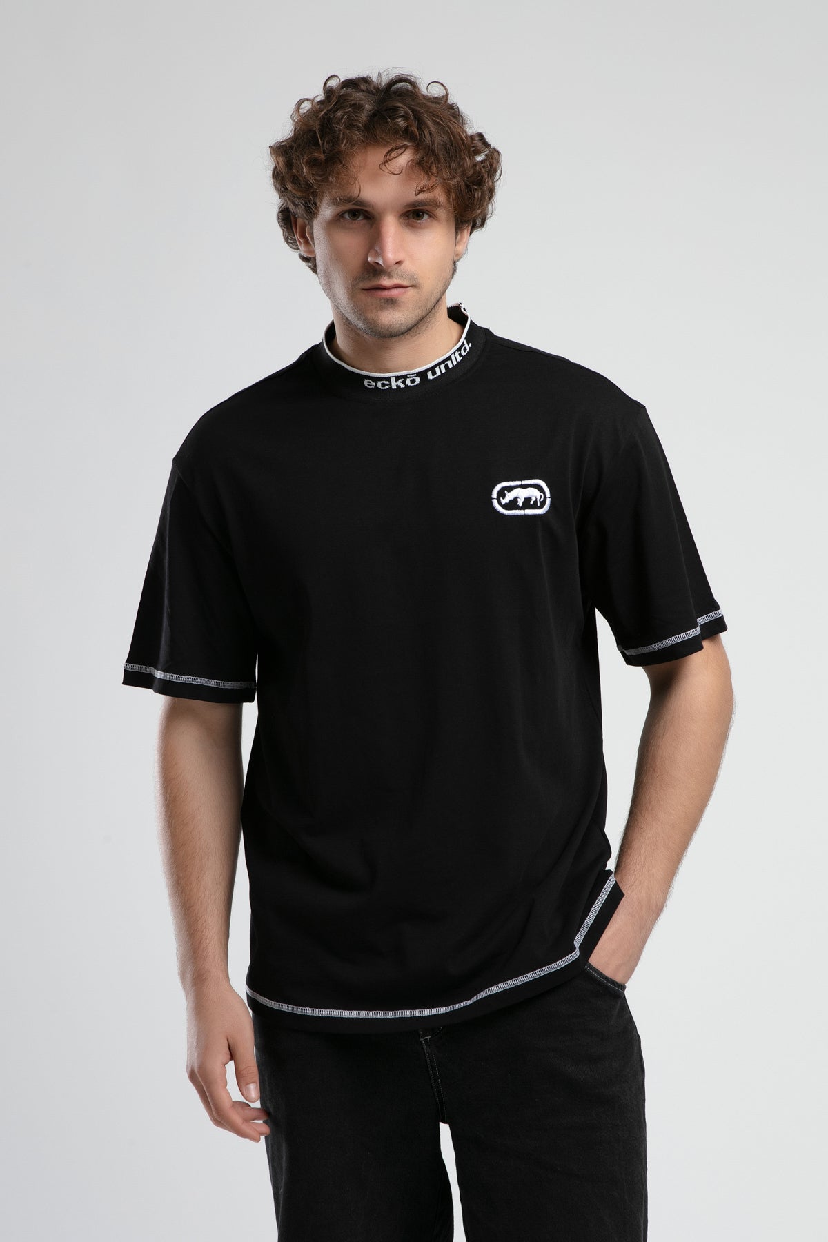 Ecko Unltd. Tricou cu decolteu la baza gatului, imprimeu cu logo, Negru, ROCKAWAY