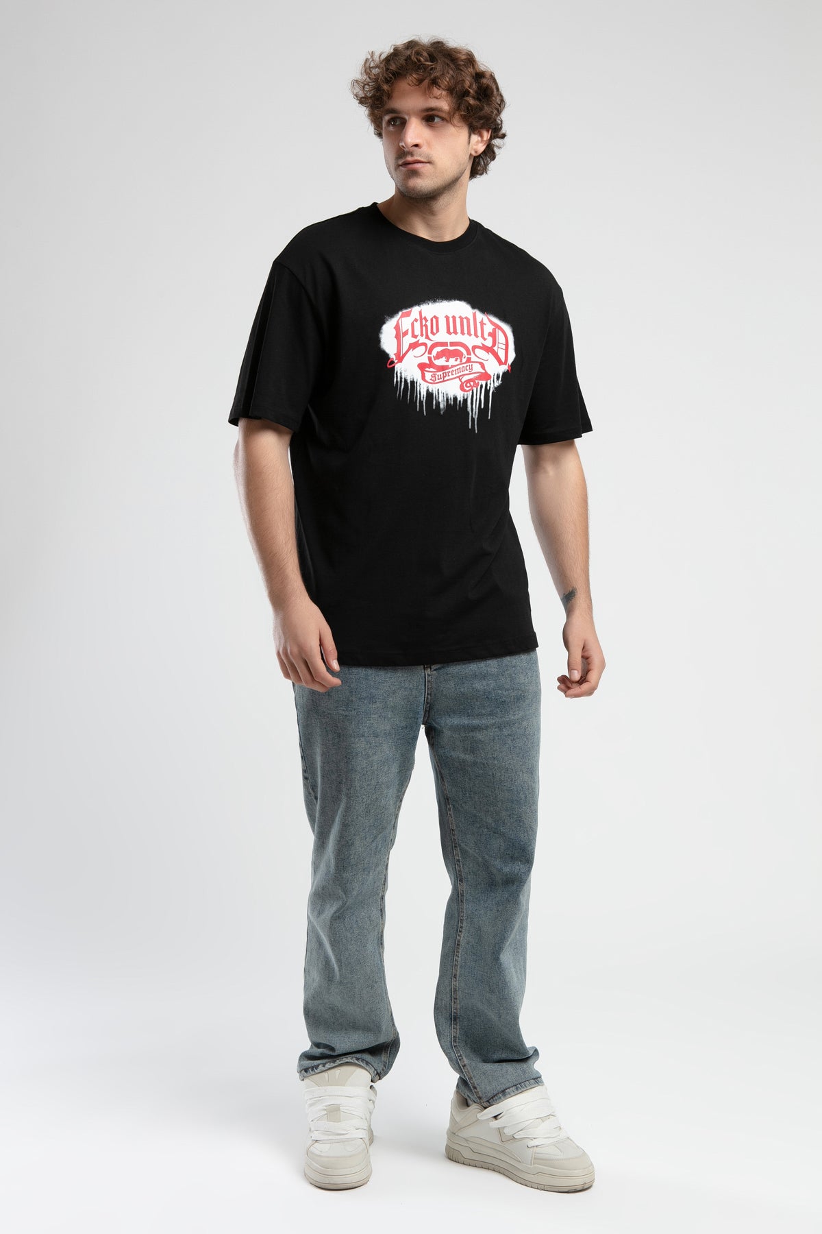 Ecko Unltd. Tricou cu decolteu la baza gatului, imprimeu cu logo, Negru, ROCKEFELLA