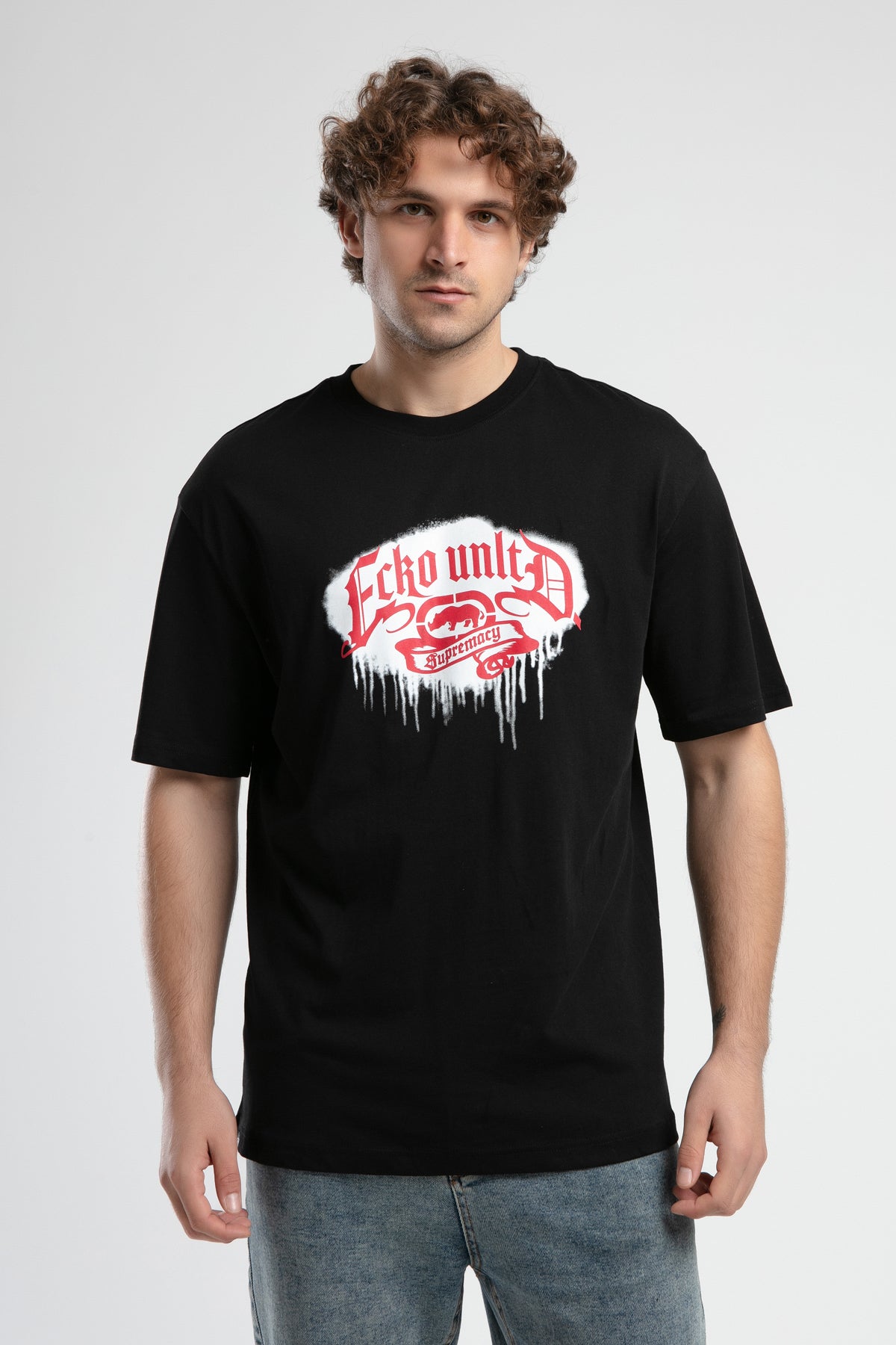 Ecko Unltd. Tricou cu decolteu la baza gatului, imprimeu cu logo, Negru, ROCKEFELLA