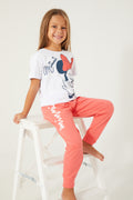 Set doua piese cu tricou si pantaloni, bumbac, decolteu la baza gatului si talie elastica, Alb