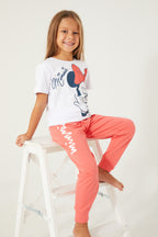 Set doua piese cu tricou si pantaloni, bumbac, decolteu la baza gatului si talie elastica, Alb