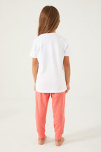 Set doua piese cu tricou si pantaloni, bumbac, decolteu la baza gatului si talie elastica, Alb