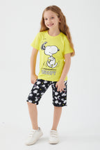 Set doua piese cu tricou si pantaloni, bumbac, decolteu la baza gatului si talie elastica, Galben