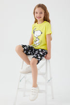 Set doua piese cu tricou si pantaloni, bumbac, decolteu la baza gatului si talie elastica, Galben