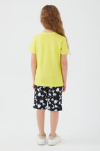 Set doua piese cu tricou si pantaloni, bumbac, decolteu la baza gatului si talie elastica, Galben