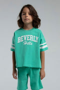 Set doua piese cu tricou si pantaloni scurti, pentru baieti, decolteu la baza gatului si model