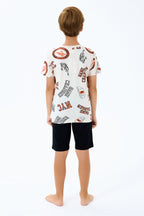 Set doua piese cu tricou si pantaloni scurti, pentru baieti, decolteu la baza gatului si model, Bej