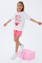 Set doua piese cu tricou si pantaloni scurti, cu decolteu la baza gatului si model, Alb