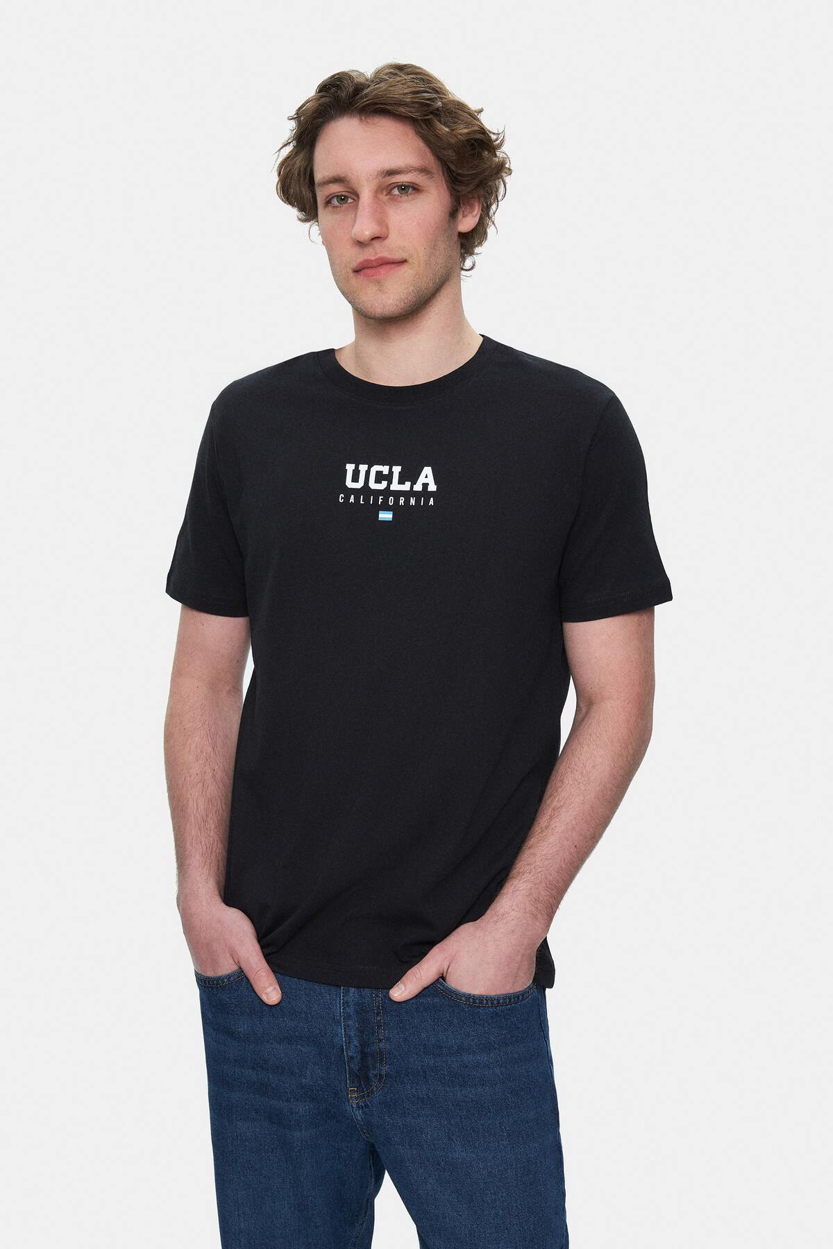UCLA Tricou cu decolteu la baza gatului, imprimeu cu logo, regular fit, Negru, SHERMAN