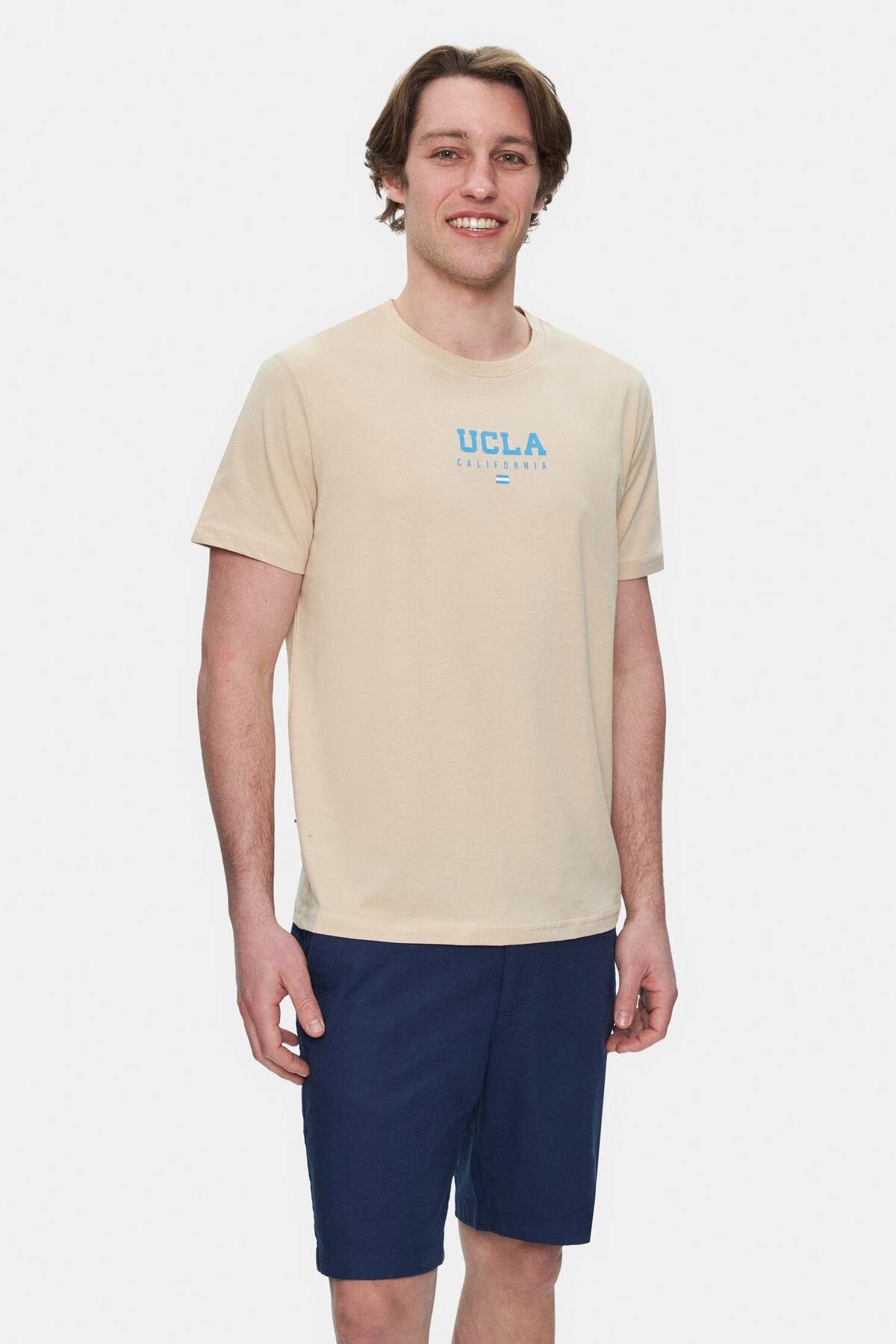 UCLA Tricou cu decolteu la baza gatului, imprimeu cu logo, regular fit, Bej, SHERMAN