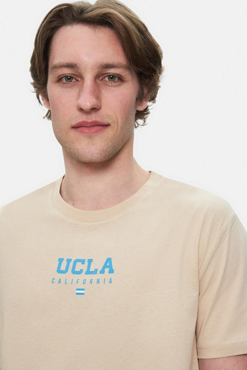 UCLA Tricou cu decolteu la baza gatului, imprimeu cu logo, regular fit, Bej, SHERMAN