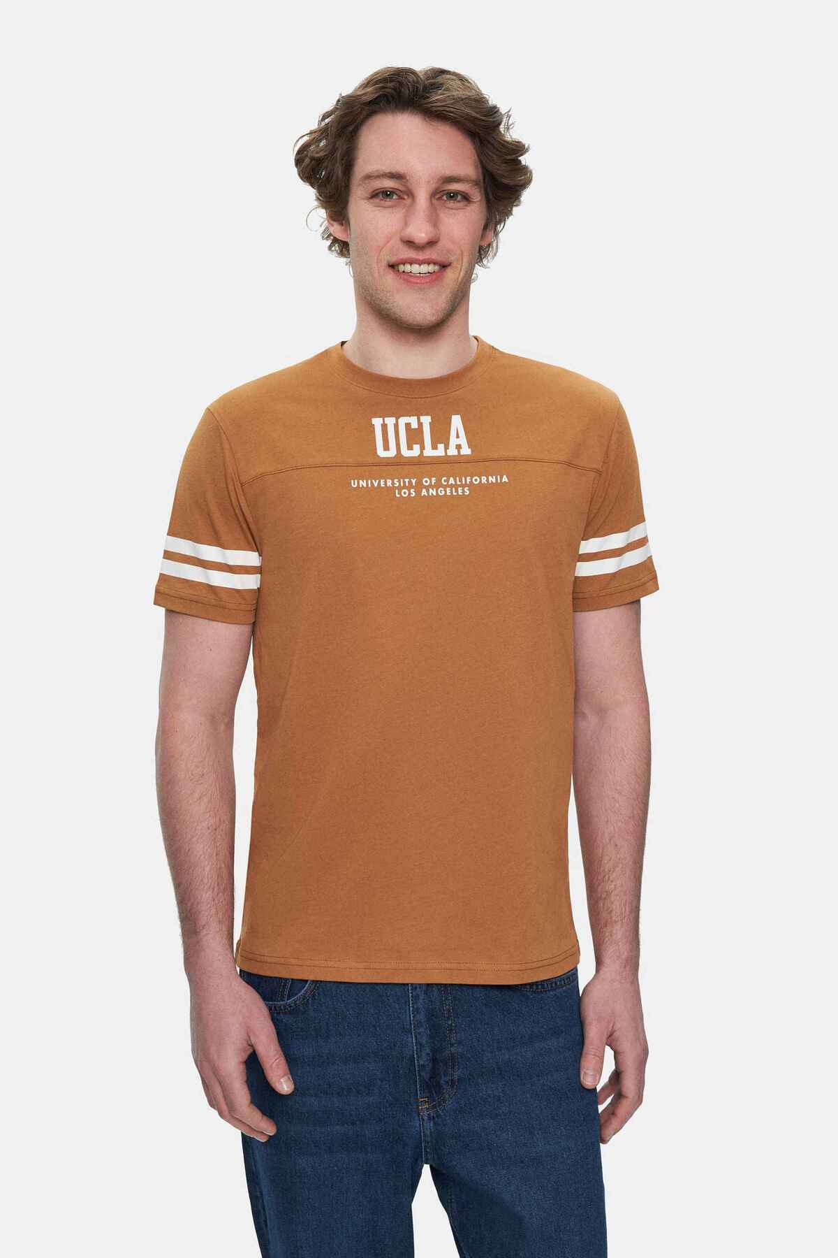 UCLA Tricou cu decolteu la baza gatului, imprimeu cu logo, regular fit, Maro, STARK