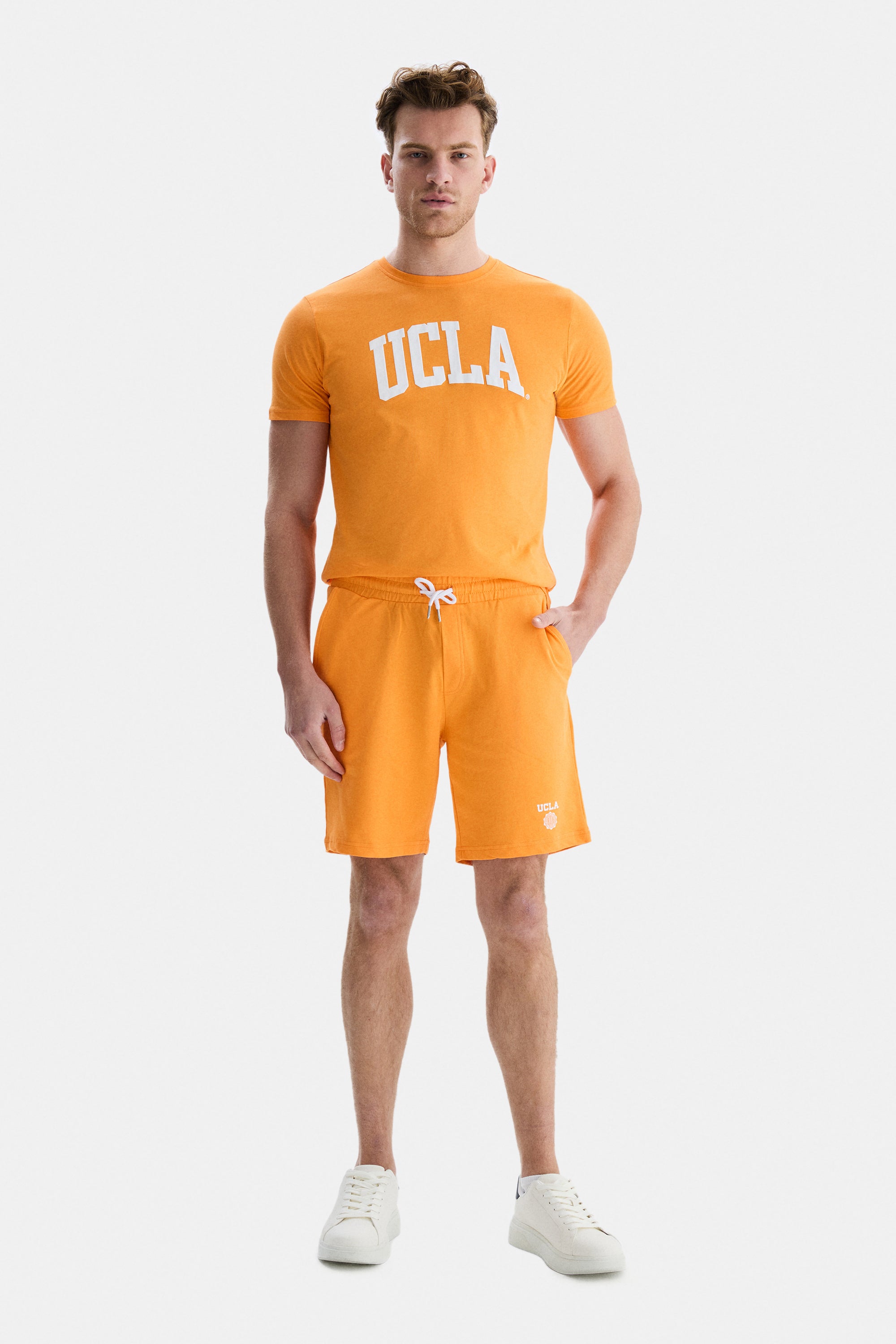 UCLA Pantaloni scurti cu snur si banda elastica in talie, buzunare laterale si imprimeu cu logo discret, Portocaliu, FOWLER
