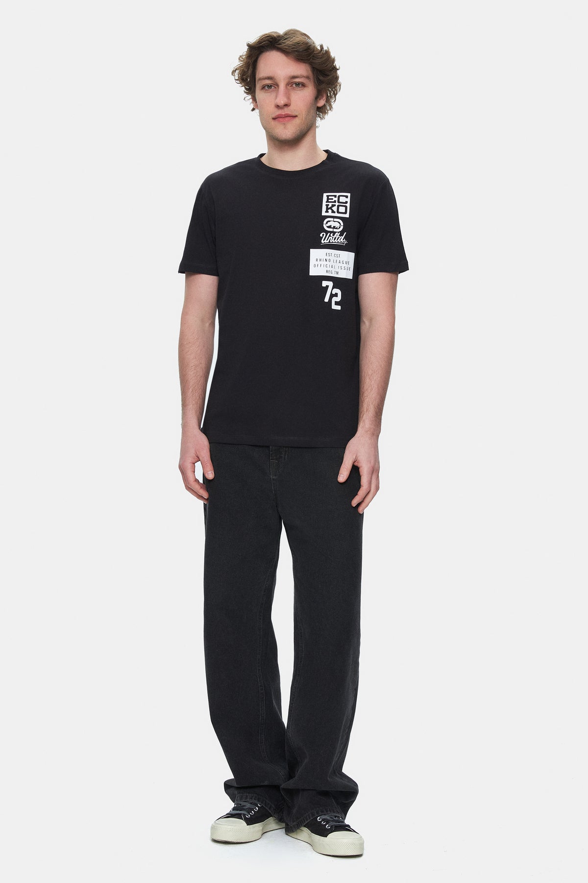 Ecko Unltd. Tricou cu decolteu la baza gatului, imprimeu cu logo, Negru-Alb, TOMLINSON