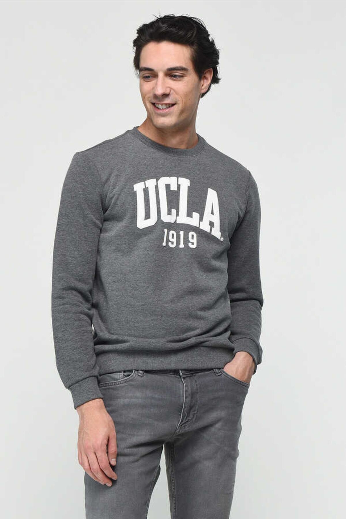 UCLA Bluza din amestec de bumbac cu decolteu la baza gatului si imprimeu cu logo