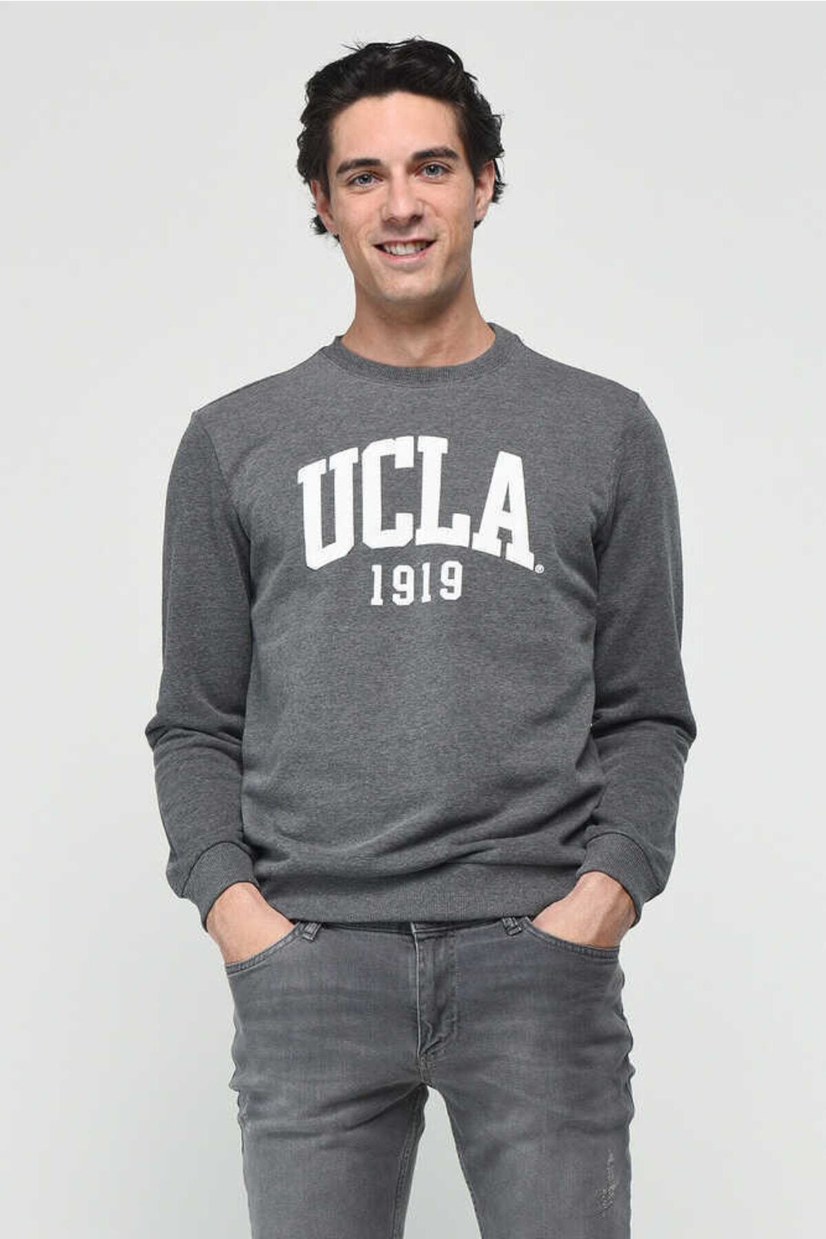 UCLA Bluza din amestec de bumbac cu decolteu la baza gatului si imprimeu cu logo