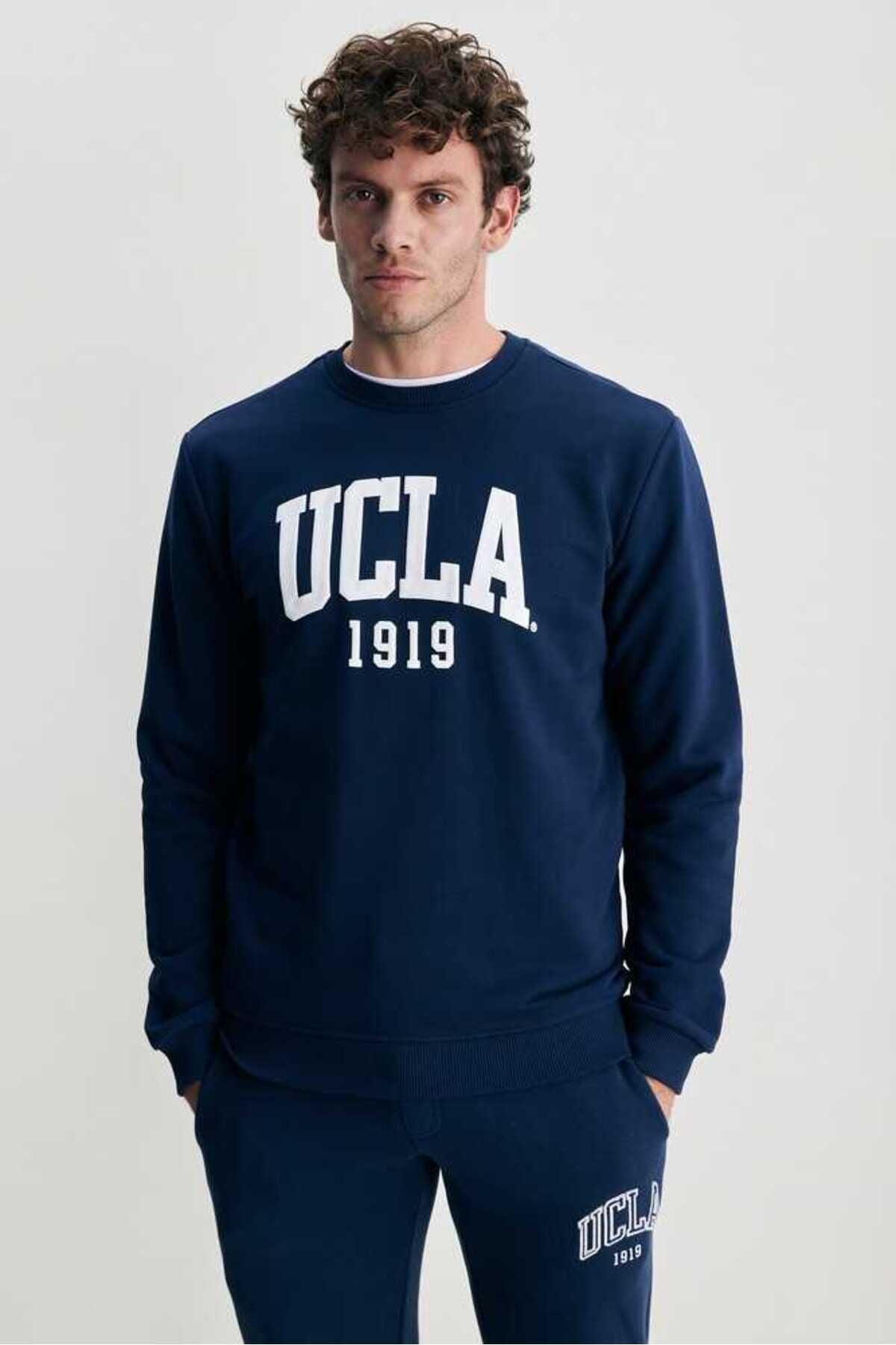 UCLA Bluza din amestec de bumbac cu decolteu la baza gatului si imprimeu cu logo