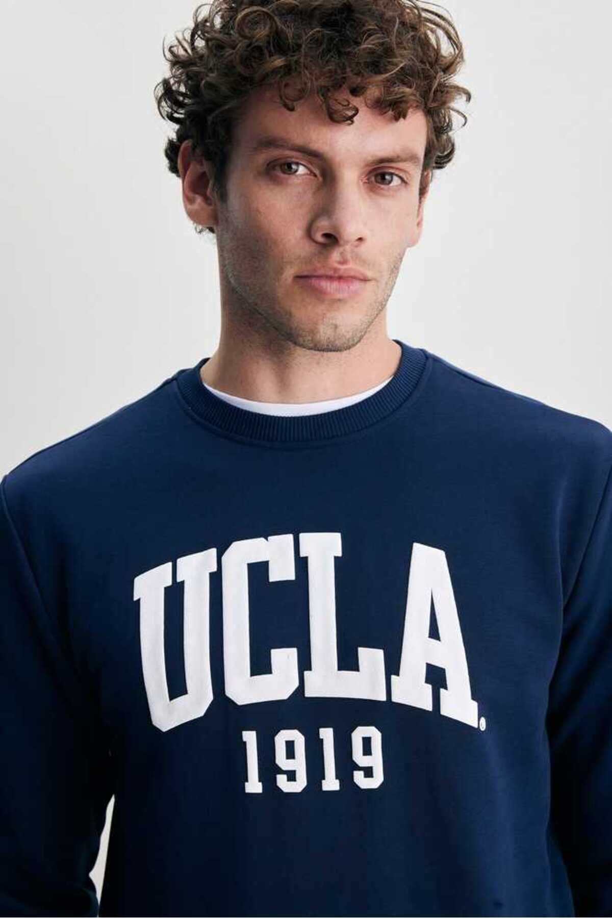 UCLA Bluza din amestec de bumbac cu decolteu la baza gatului si imprimeu cu logo