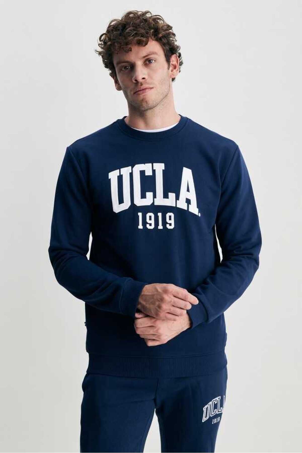 UCLA Bluza din amestec de bumbac cu decolteu la baza gatului si imprimeu cu logo