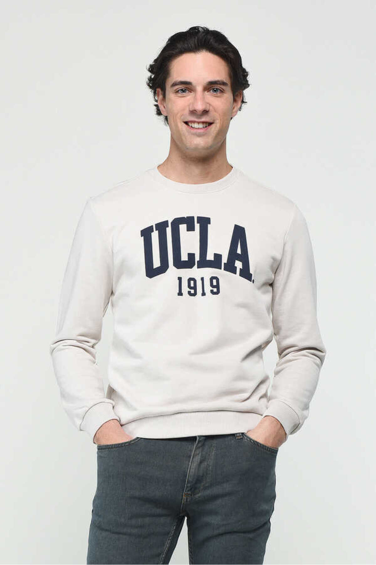 UCLA Bluza din amestec de bumbac cu decolteu la baza gatului si imprimeu cu logo