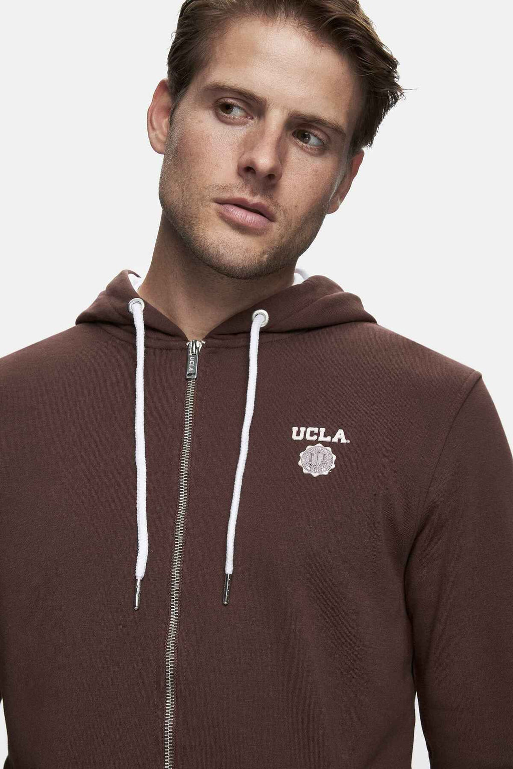 UCLA Hanorac cu fermoar din amestec de bumbac, cu gluga si ajustare cu snur