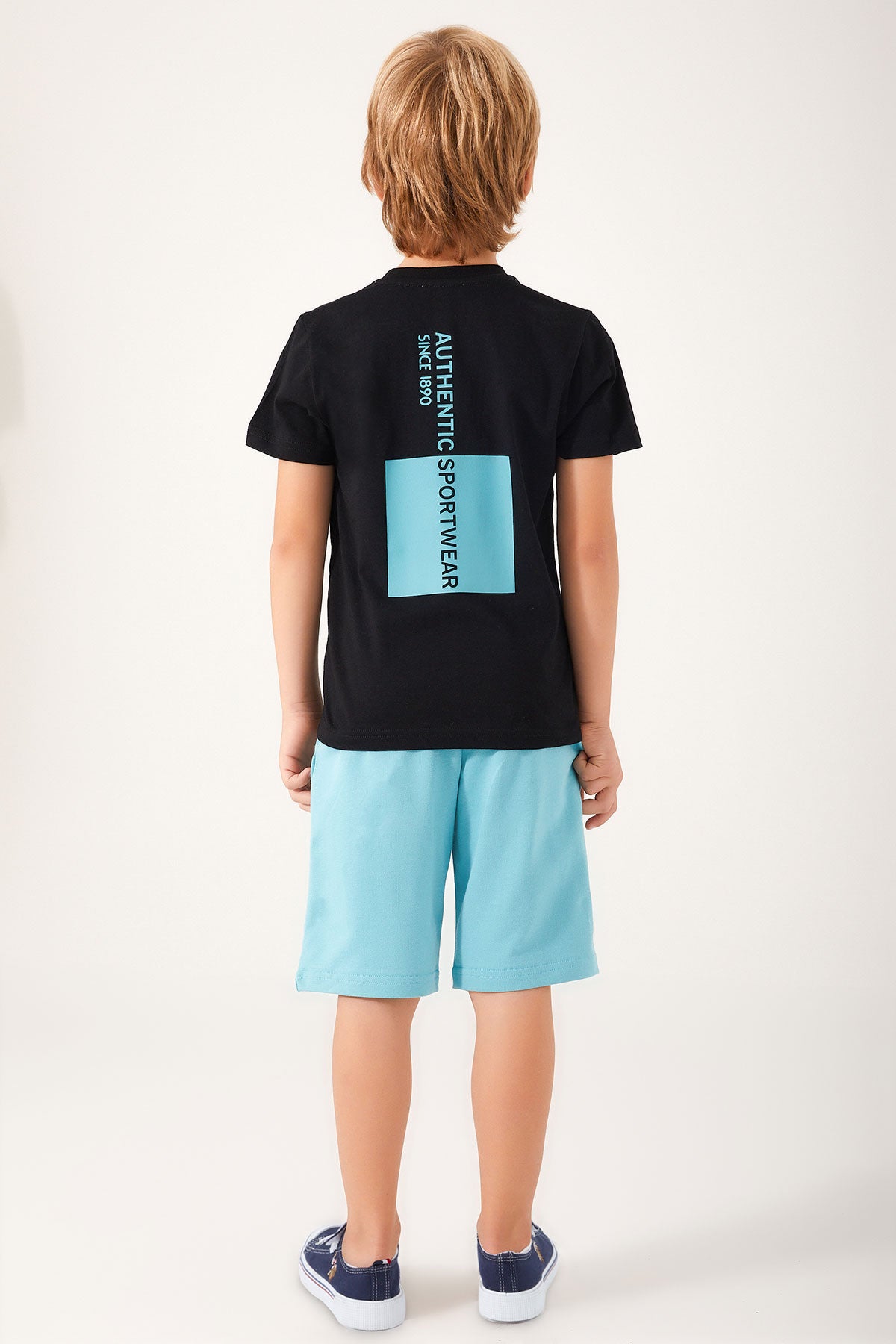 U.S. Polo Assn., Set de tricou de bumbac si pantaloni scurti, Negru, Albastru deschis, 140-146 CM