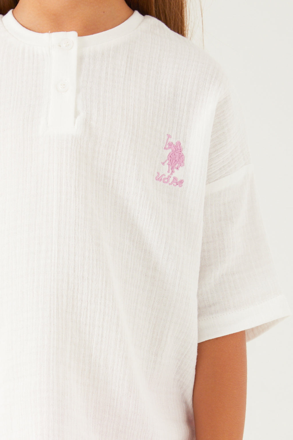 U.S. Polo Assn., Set de tricou cu maneci cazute si pantaloni scurti - 2 piese, Alb, Lila, 116-122 CM
