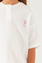 U.S. Polo Assn., Set de tricou cu maneci cazute si pantaloni scurti - 2 piese, Alb, Lila, 116-122 CM