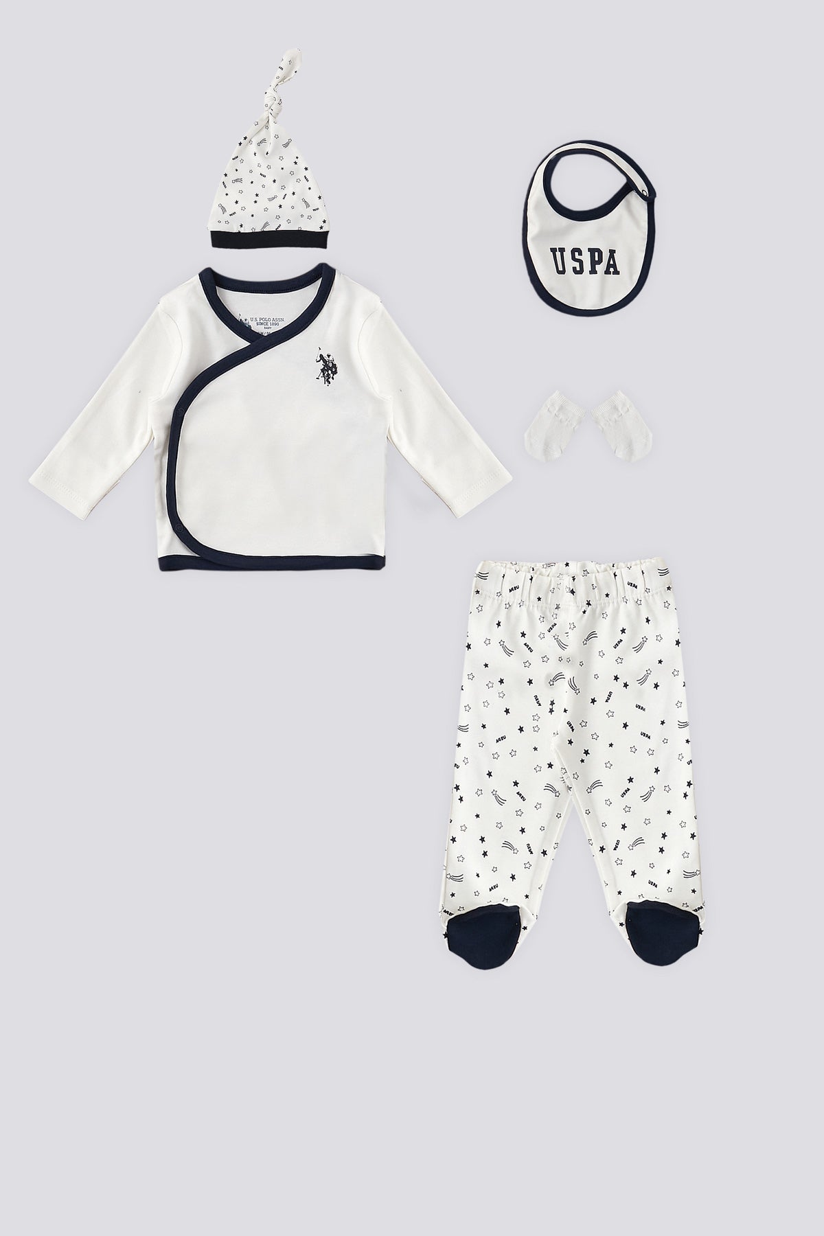 U.S. Polo Assn. Set cinci piese pentru nou-nascuti, Alb