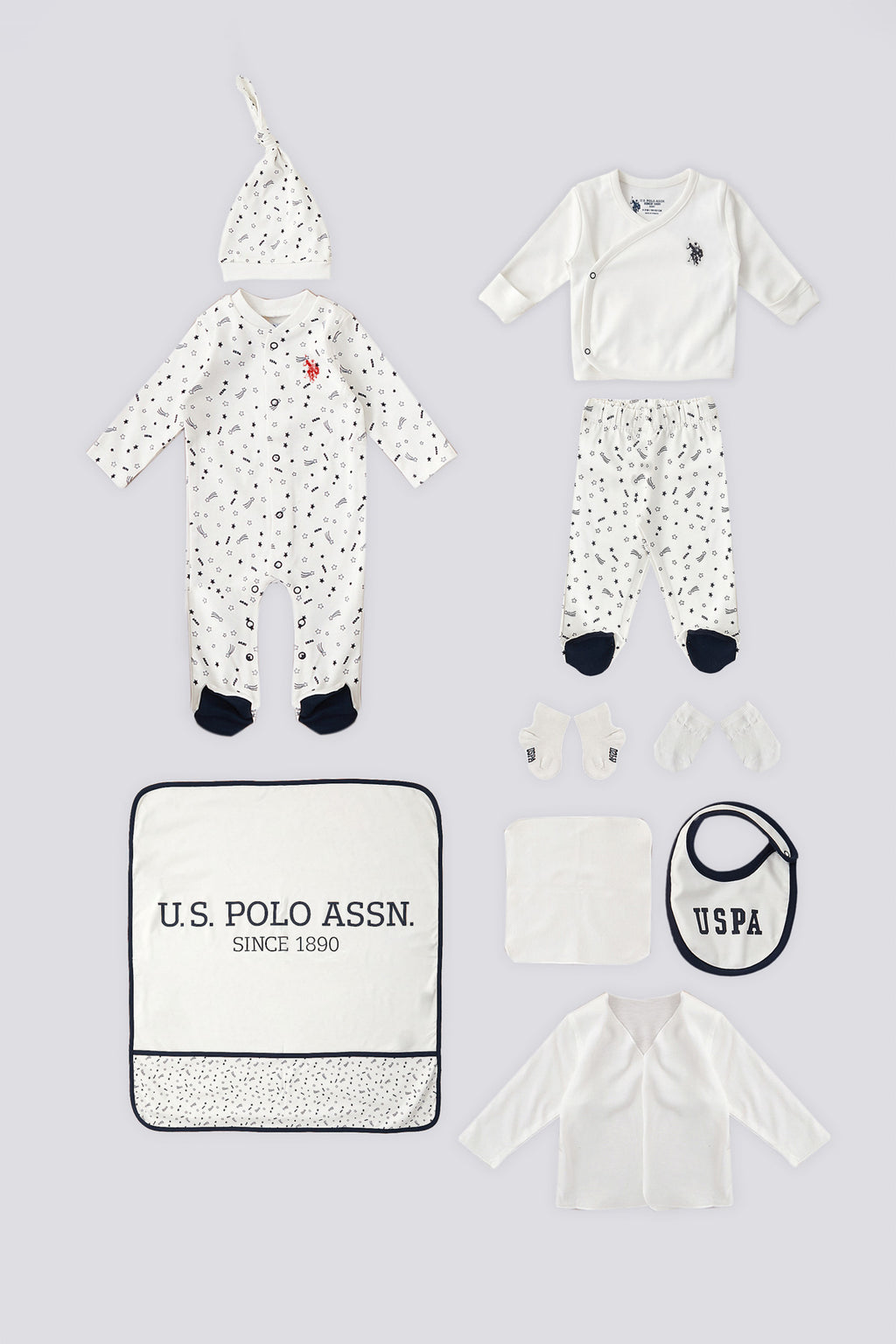 U.S. Polo Assn. Set zece piese pentru nou-nascuti, Alb