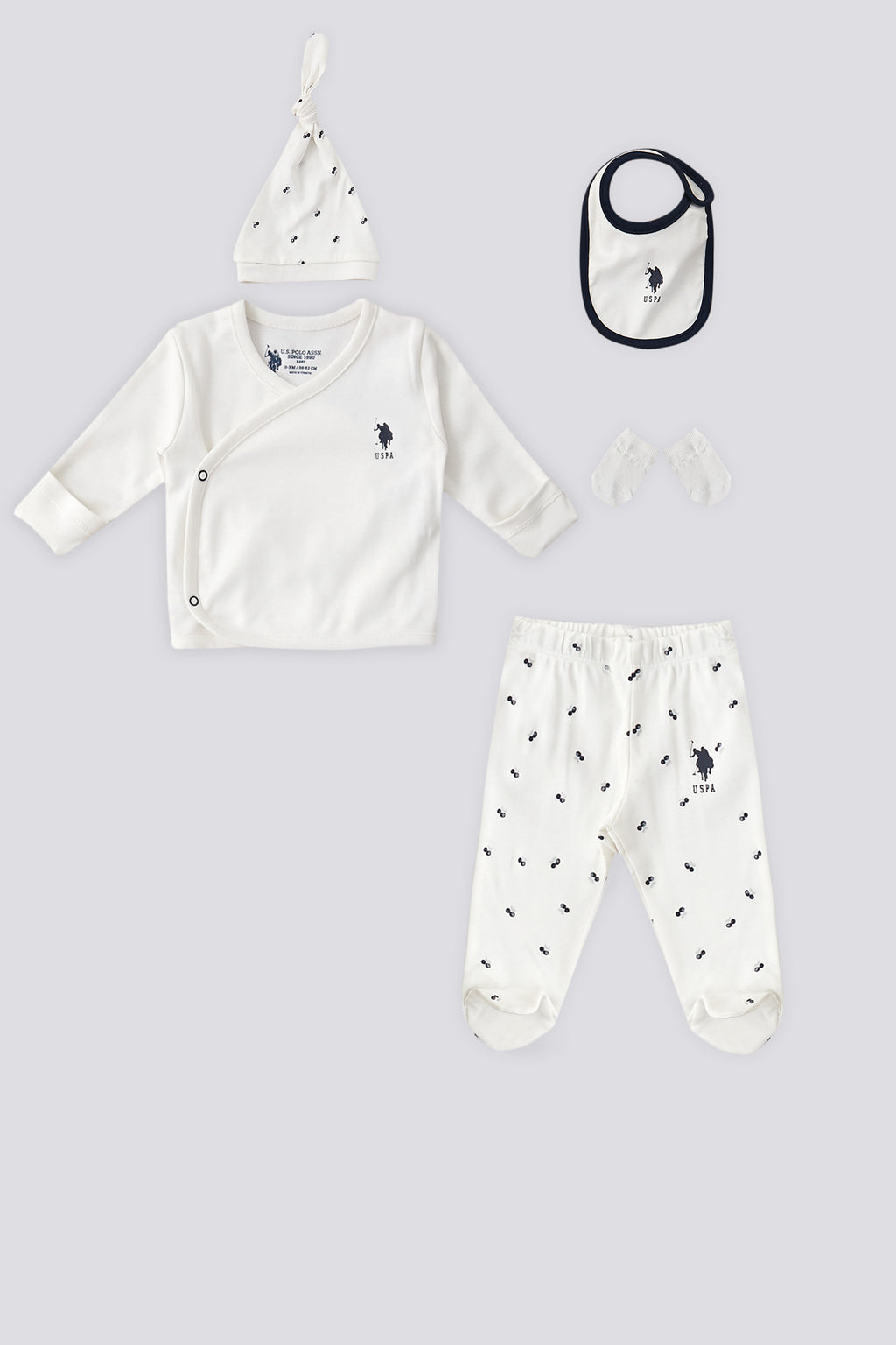 U.S. Polo Assn. Set cinci piese pentru nou-nascuti, Alb