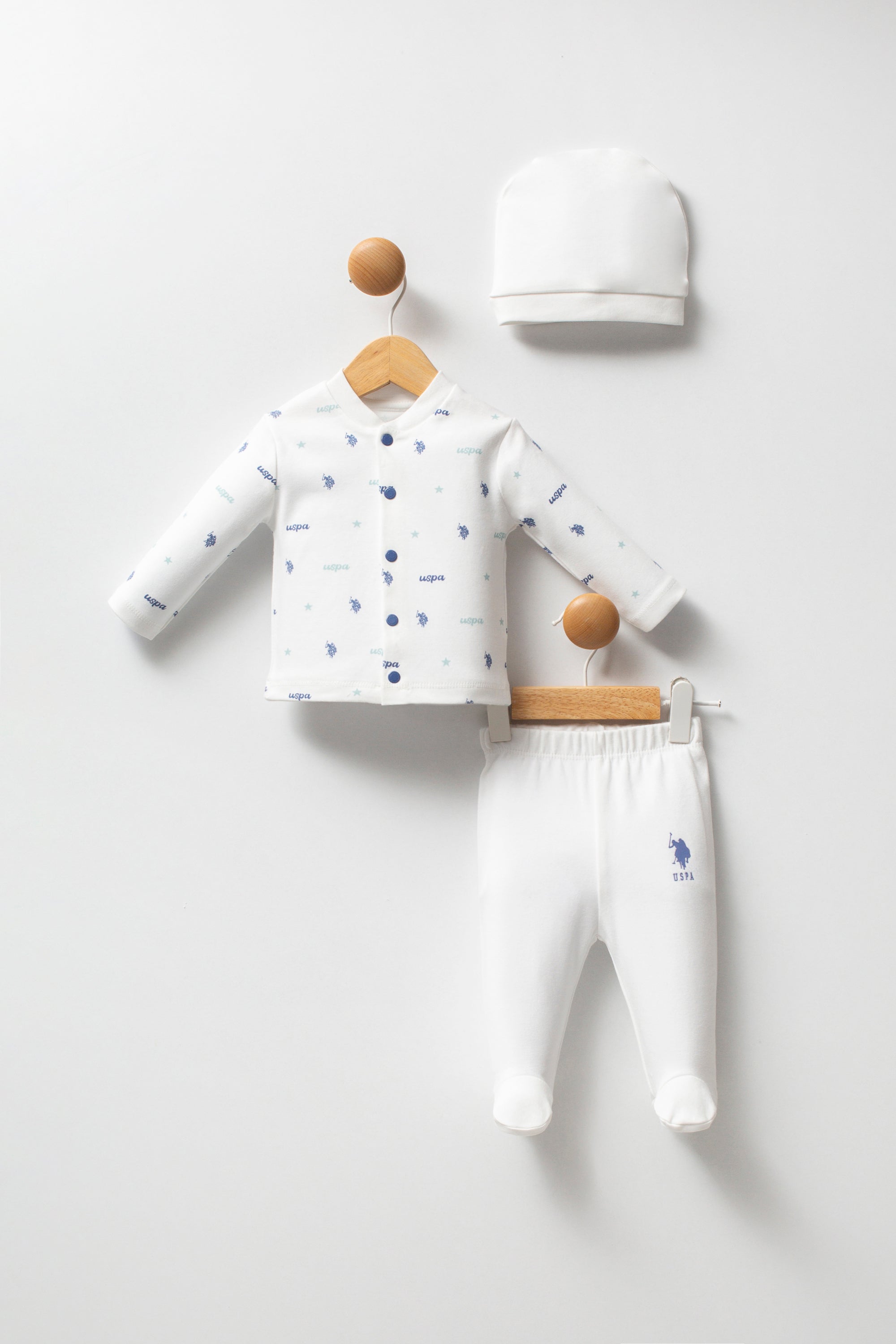 U.S. Polo Assn. Set trei piese cu caciula, pantaloni si bluza, Alb
