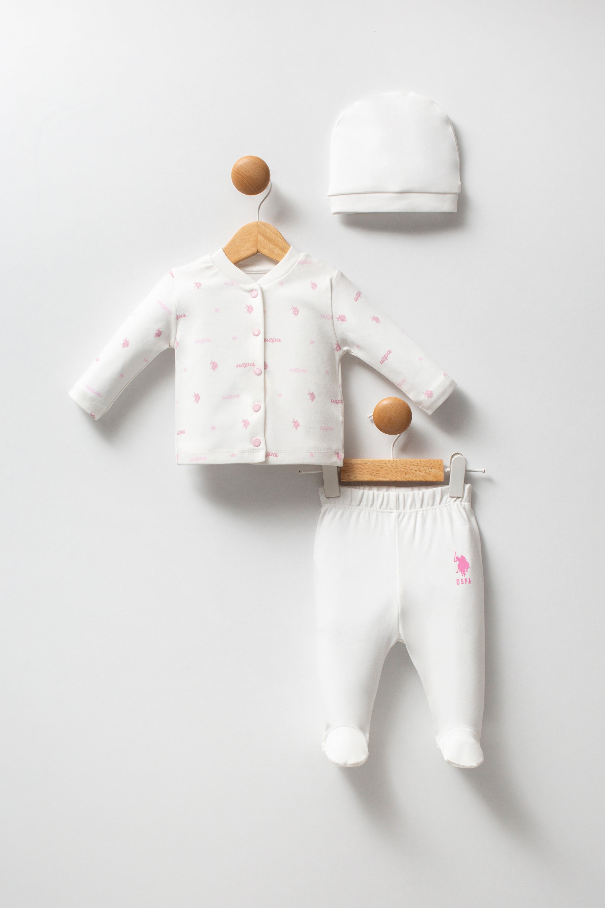 U.S. Polo Assn. Set trei piese cu caciula, pantaloni si bluza, Alb