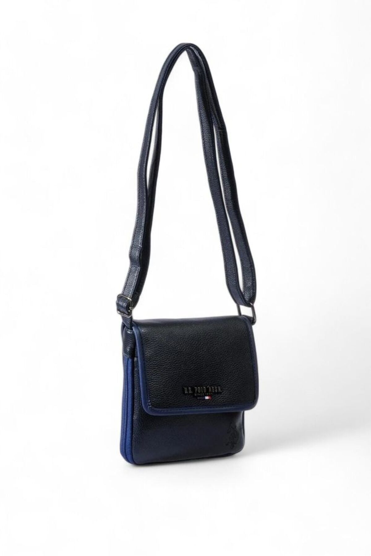 U.S. Polo Assn., Geanta crossbody mica de piele ecologica, cu logo stantat, Bleumarin inchis/Albastru inchis/Argintiu inchis