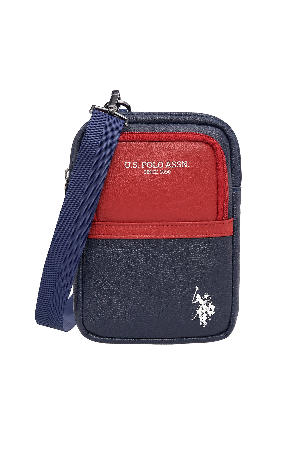 U.S. Polo Assn., Geanta crossbody de piele ecologica in doua nuante, Rosu, Bleumarin