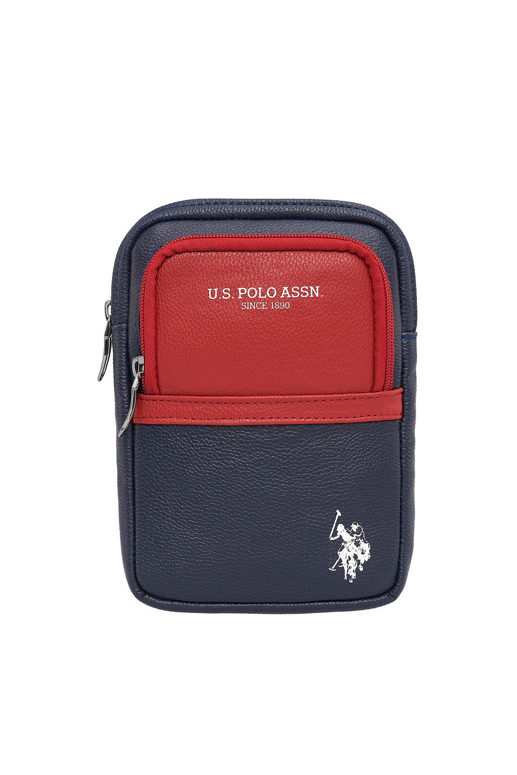 U.S. Polo Assn., Geanta crossbody de piele ecologica in doua nuante, Rosu, Bleumarin