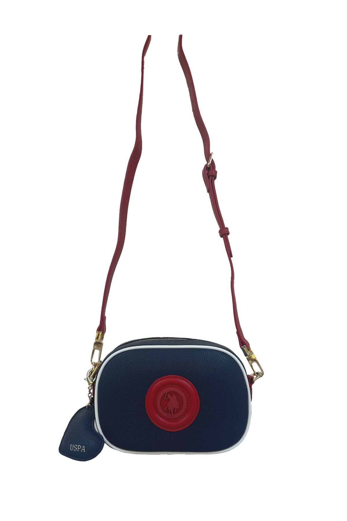 U.S. Polo Assn., Geanta crossbody de piele ecologica, Rosu, Alb, Albastru inchis
