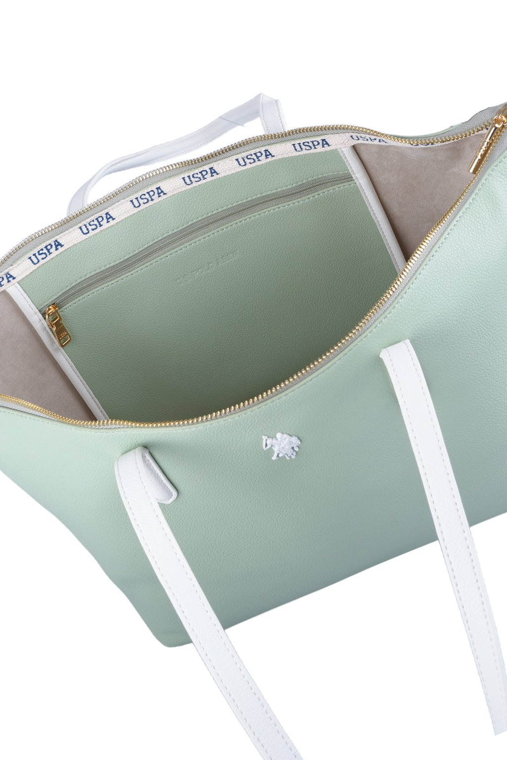 U.S. Polo Assn., Geanta shopper cu logo, Alb, Verde menta