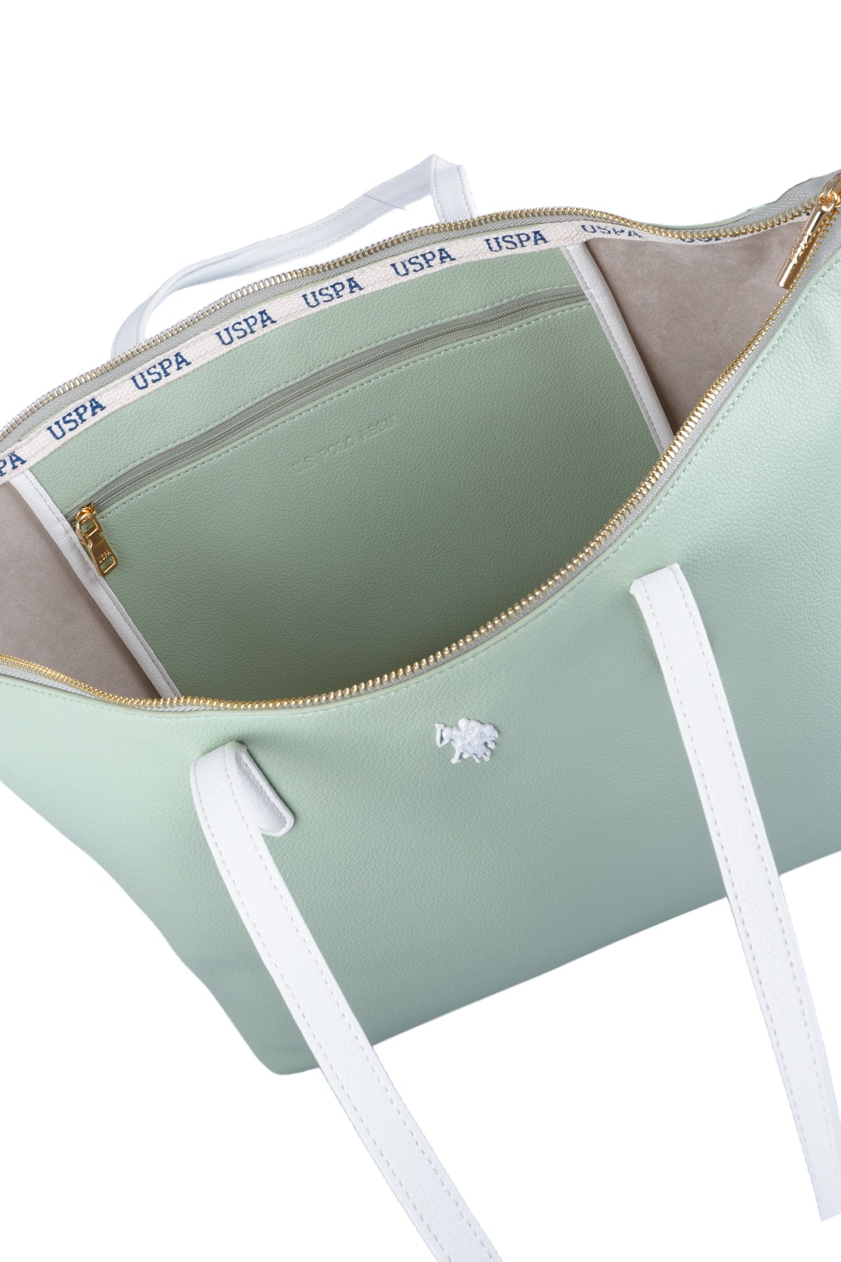 U.S. Polo Assn., Geanta shopper cu logo, Alb, Verde menta