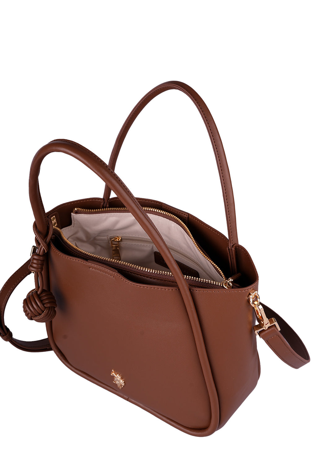 U.S. Polo Assn., Geanta shopper de piele ecologica cu logo metalic, Maro