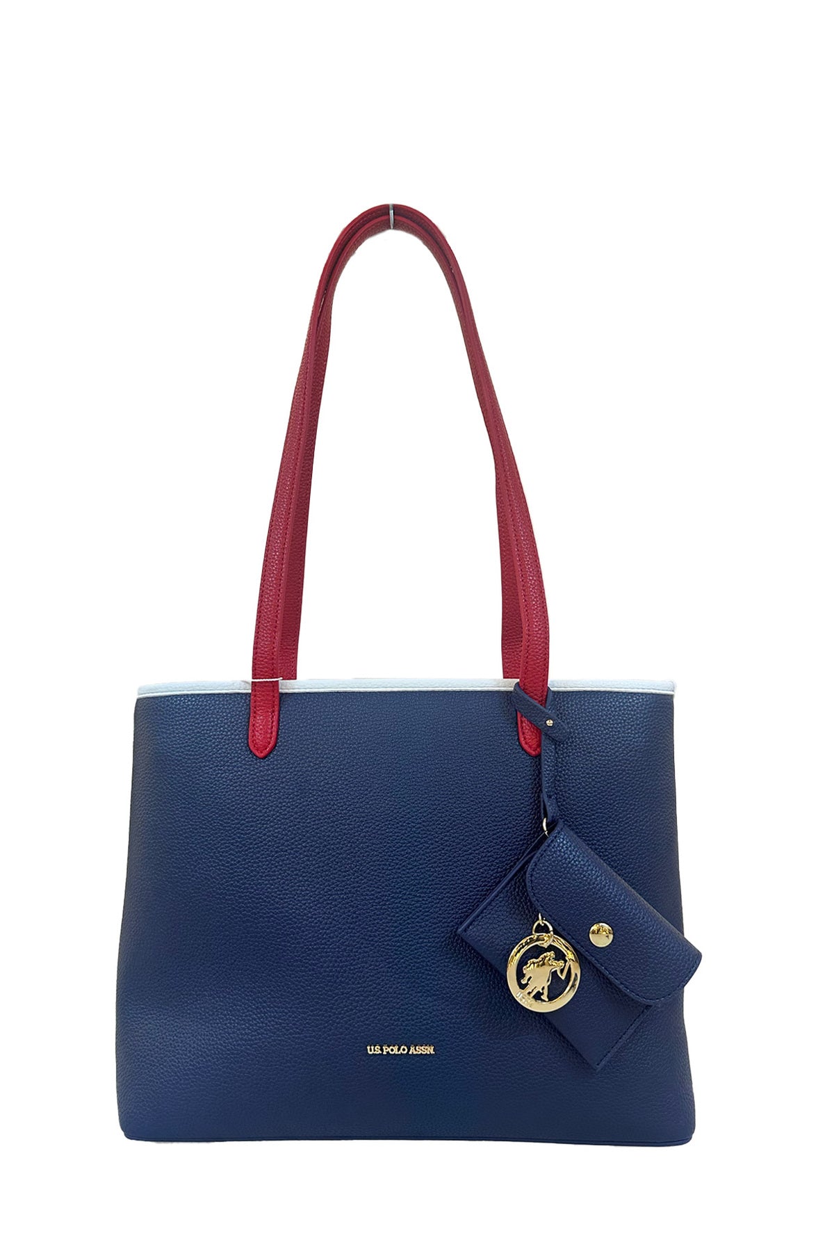 U.S. Polo Assn., Geanta tote cu fermoar si cu etui, Rosu, Alb, Albastru inchis