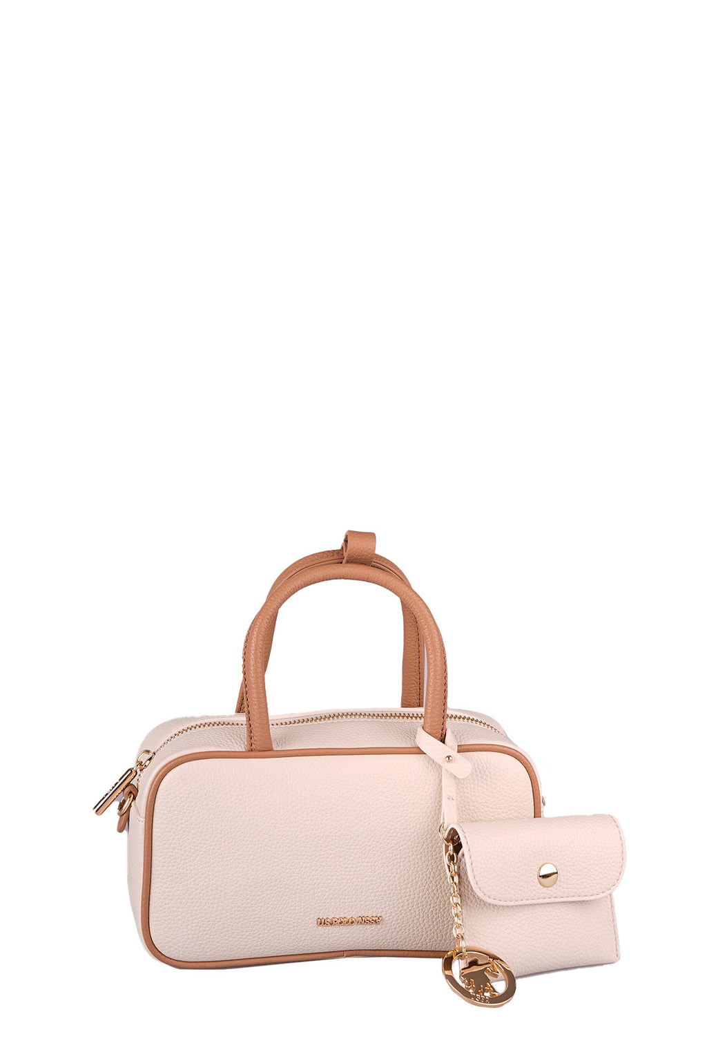 U.S. Polo Assn., Geanta de piele ecologica cu maner si breloc, Caramel, Roz pal