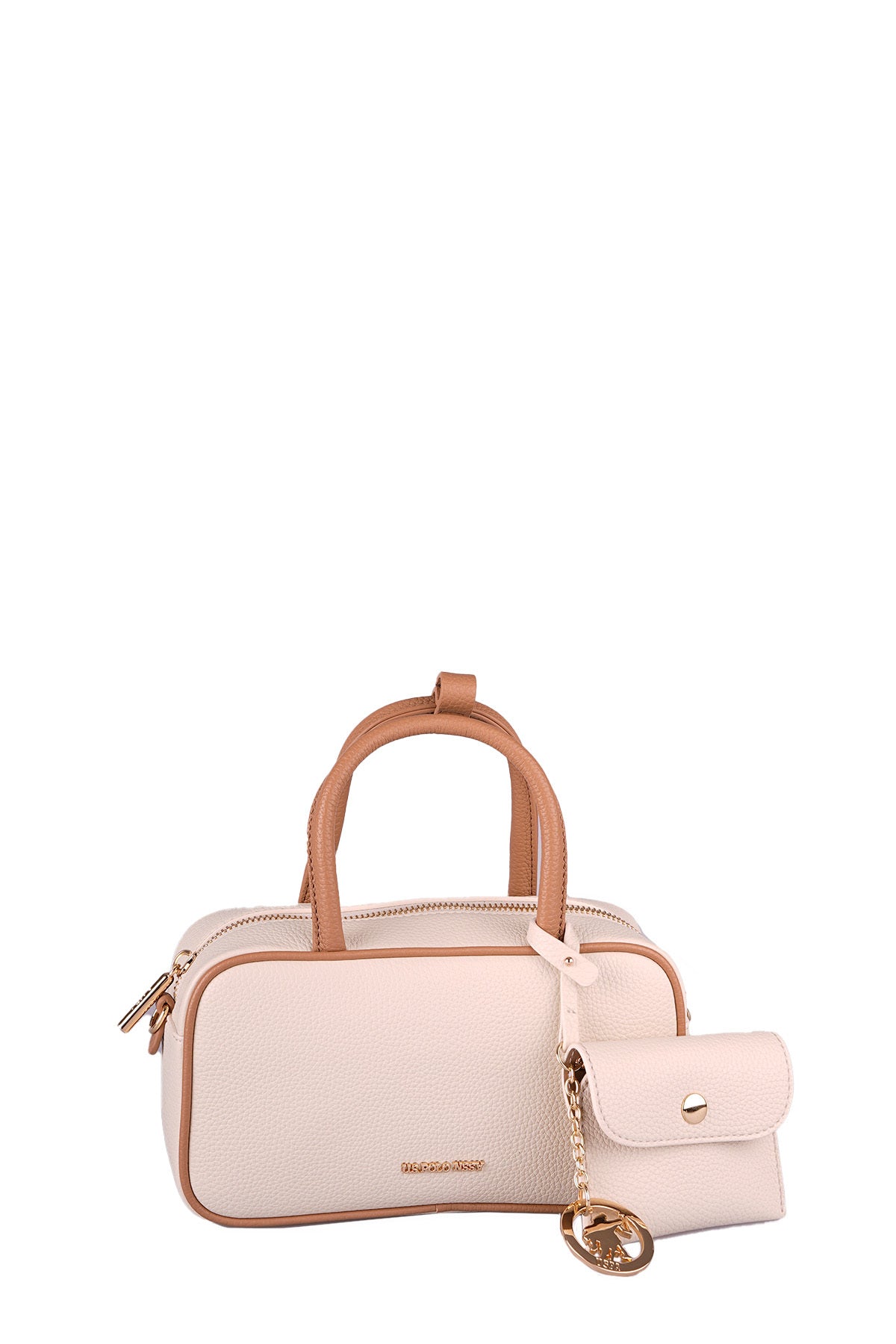 U.S. Polo Assn., Geanta de piele ecologica cu maner si breloc, Caramel, Roz pal