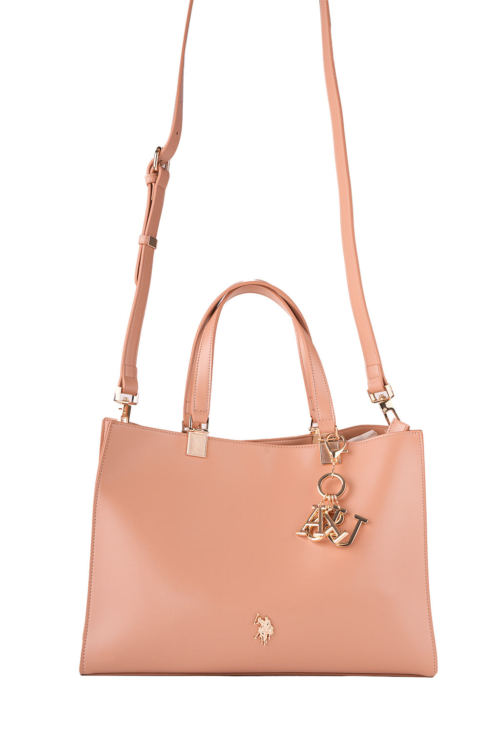 U.S. Polo Assn., Geanta tote de piele ecologica cu bareta detasabila, Roz somon