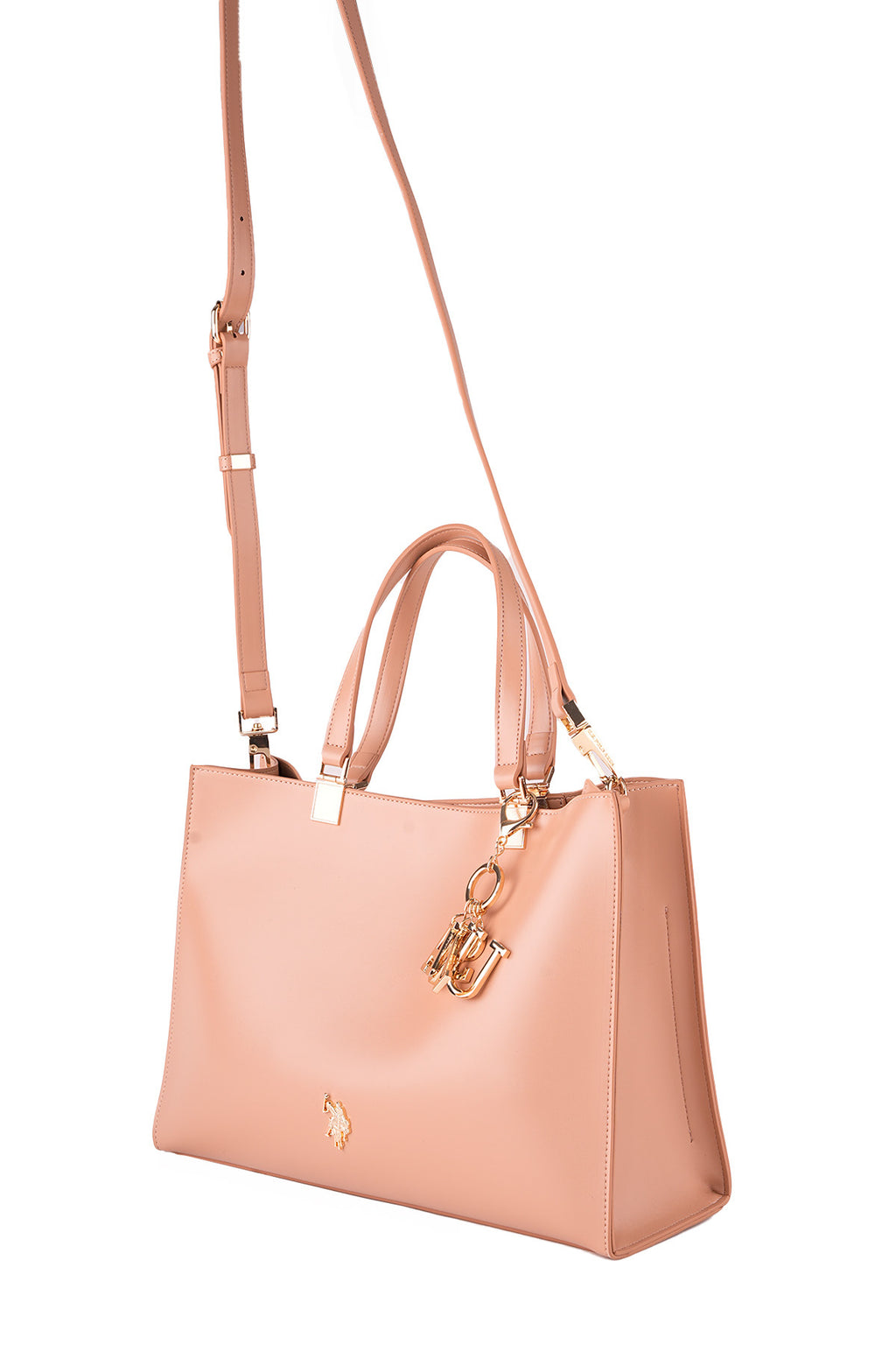 U.S. Polo Assn., Geanta tote de piele ecologica cu bareta detasabila, Roz somon