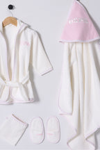 U.S. Polo Assn., Set de papuci de casa, halat de baie cu gluga si prosop - 4 Piese, Roz pastel, Alb murdar