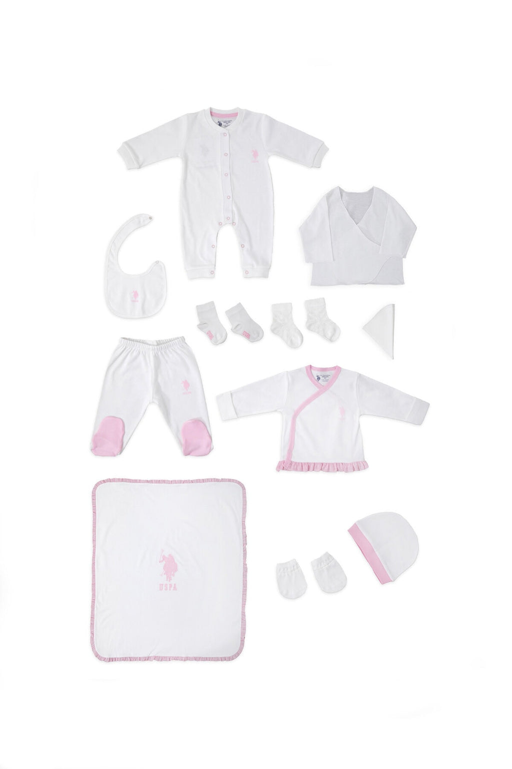U.S. Polo Assn., Set de imbracaminte de bumbac cu imprimeu logo - 11 piese, Alb, Roz, 56-62 CM